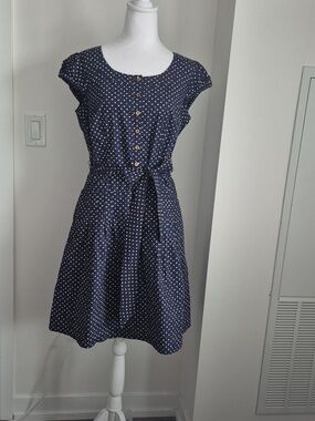 Lilly Pulitzer Navy and White Polka Dot Midi Dress with Waist Tie Size 8